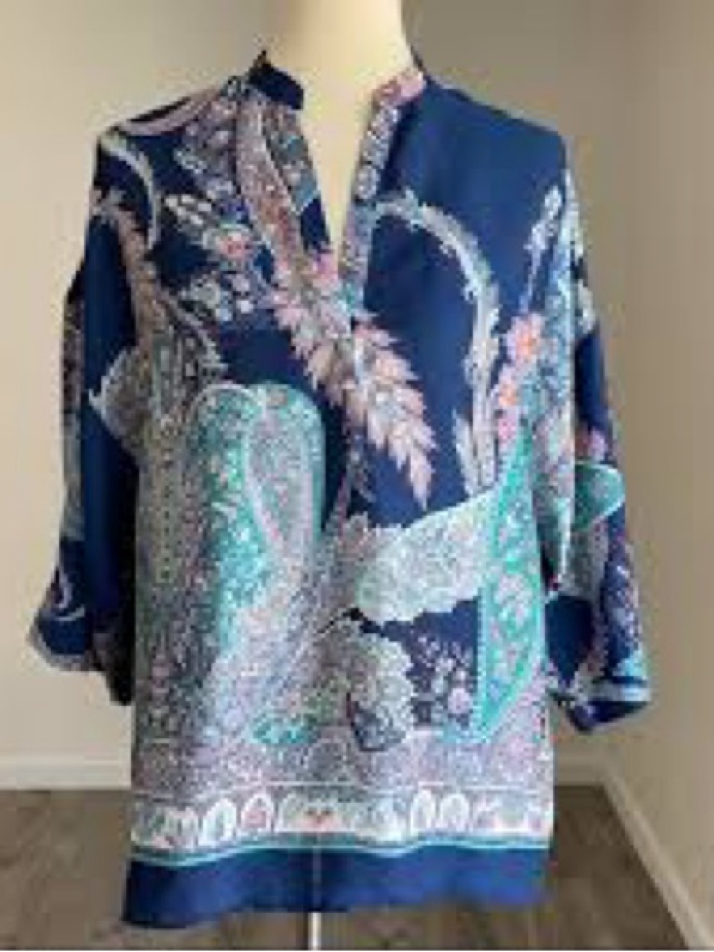 Zara, Paisley Resort Boho Tunic Blouse Split Neck Kimono Sleeve Navy Size Small - Picture 3 of 7
